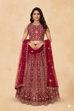 Maroon Hand Embroidered Bridal Lehenga Set with Mirror and Stone Work