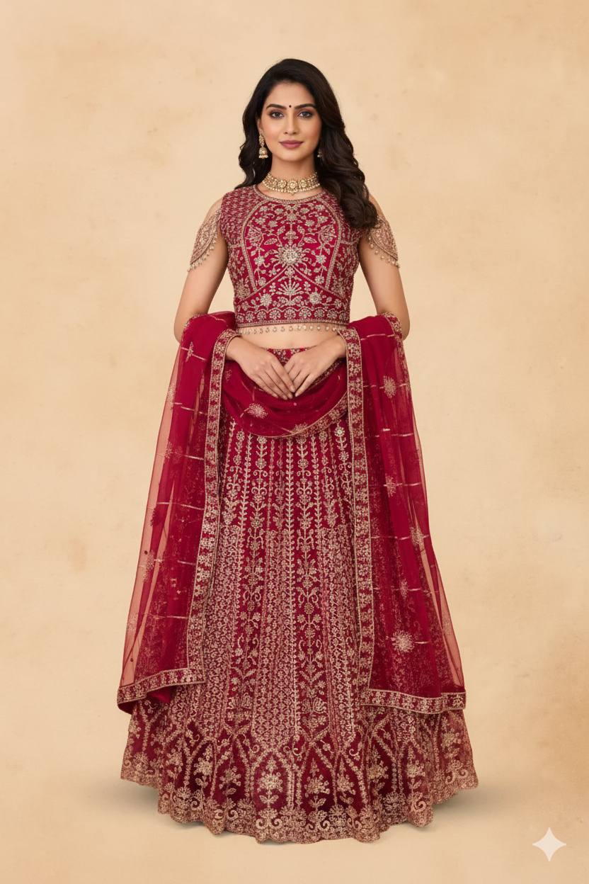 Maroon Hand Embroidered Bridal Lehenga Set with Mirror and Stone Work